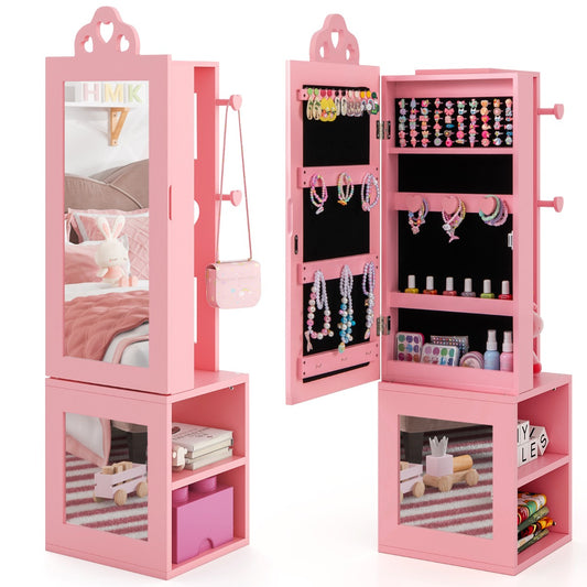 Kids Jewelry Armoire Full Length Mirror with coat rack and storage shelves in pink