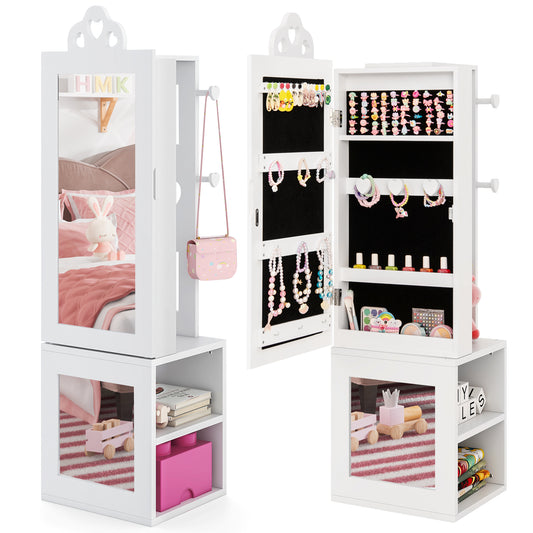 Kids Jewelry Armoire Full Length Mirror with coat rack and storage shelves in white