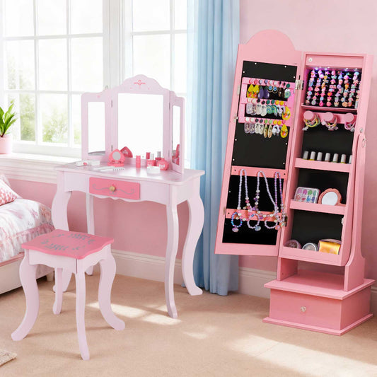 The kids vanity set with a matching stool and an open storage cabinet
