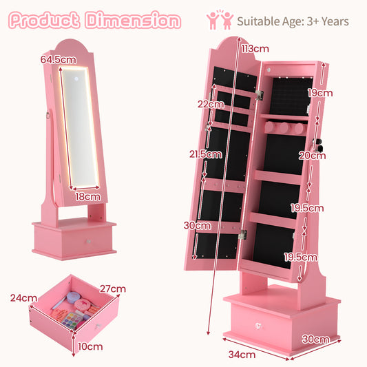 Kids Jewelry Cabinet shown with dimensions and a separate drawer view