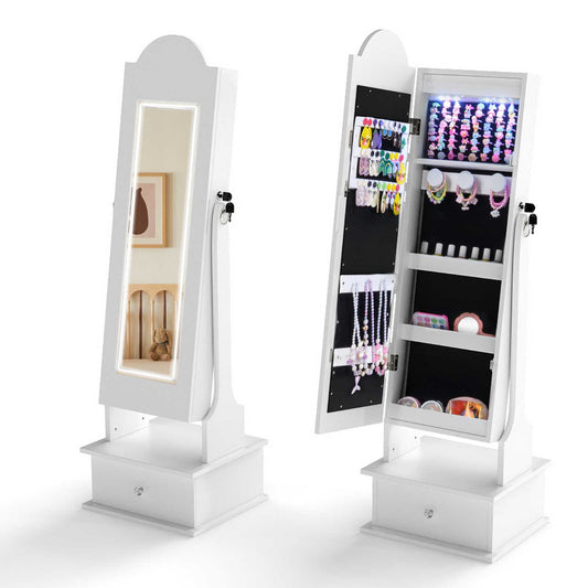 Kids Jewelry Cabinet shown closed with a mirror and open revealing storage shelves and hooks
