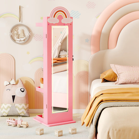 The pink children's jewelry organizer standing in a child's bedroom next to a bed