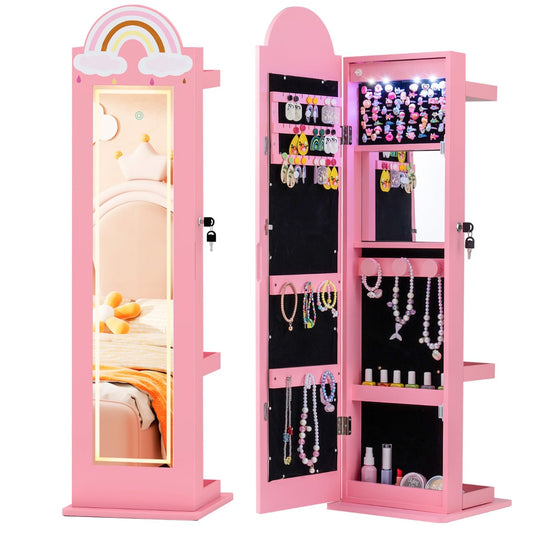 Kids Jewelry Cabinet standing tall and pink with a rainbow detail and a full-length mirror