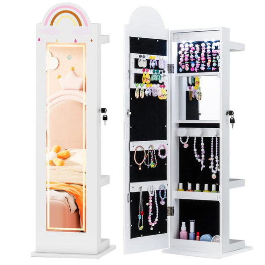 Kids Jewelry Cabinet standing white with a rainbow detail and a full length mirror on the door
