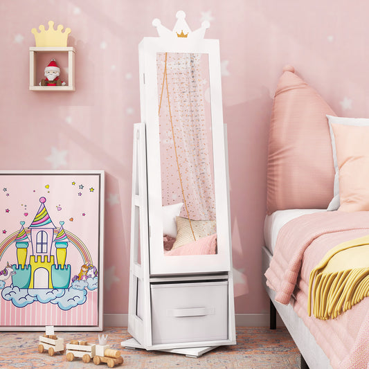 The white jewelry cabinet in a child's bedroom with pink walls and bedding
