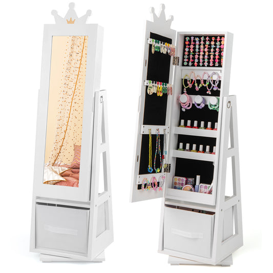 Kids Jewelry Cabinet standing jewelry organizer with full-length mirror in white
