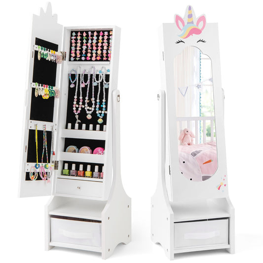 Kids Jewelry Cabinet with Full-Length Mirror and Foldable Drawer in White