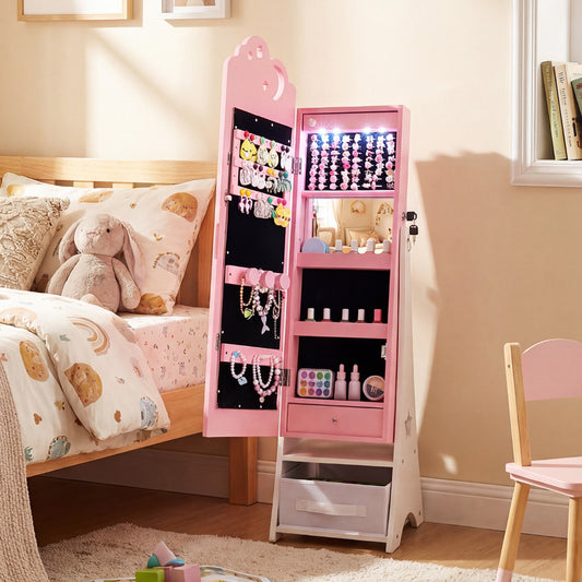 Pink kids jewellery cabinet with sensor lights and mirror, open in a bedroom setting