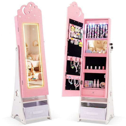 Kids Jewelry Cabinet with Sensor Lights and Full-Length Mirror in pink, open with lights on
