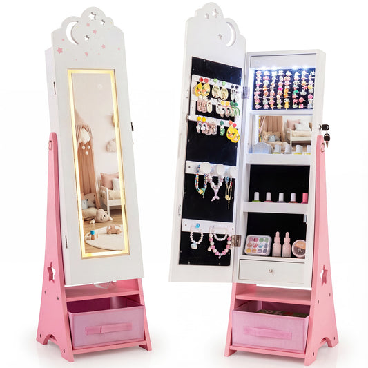 Kids Jewelry Cabinet with Sensor Lights and Full-Length Mirror, white with pink trim, shown from the front with the door