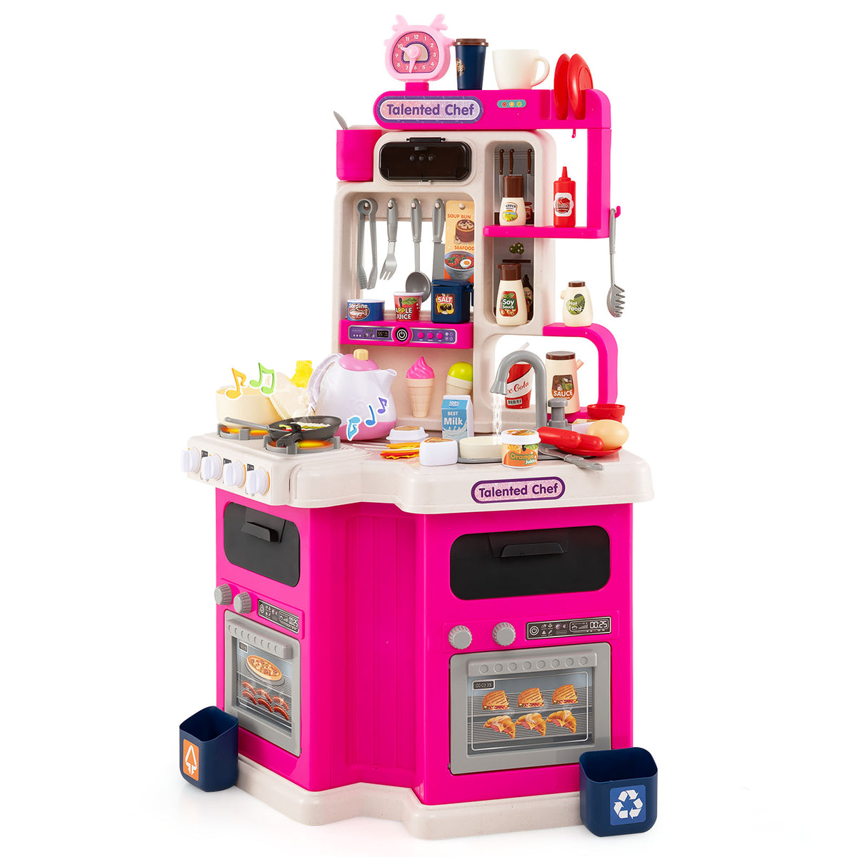 Front view of the pink corner play kitchen set with accessories