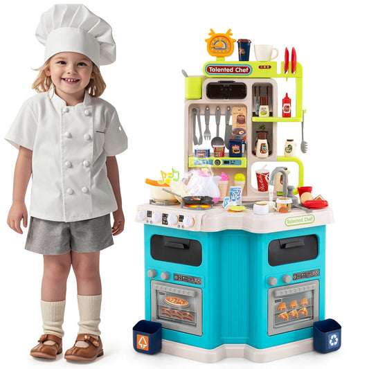 Kids Kitchen Playset Corner Play Kitchen standing next to a young child dressed as a chef