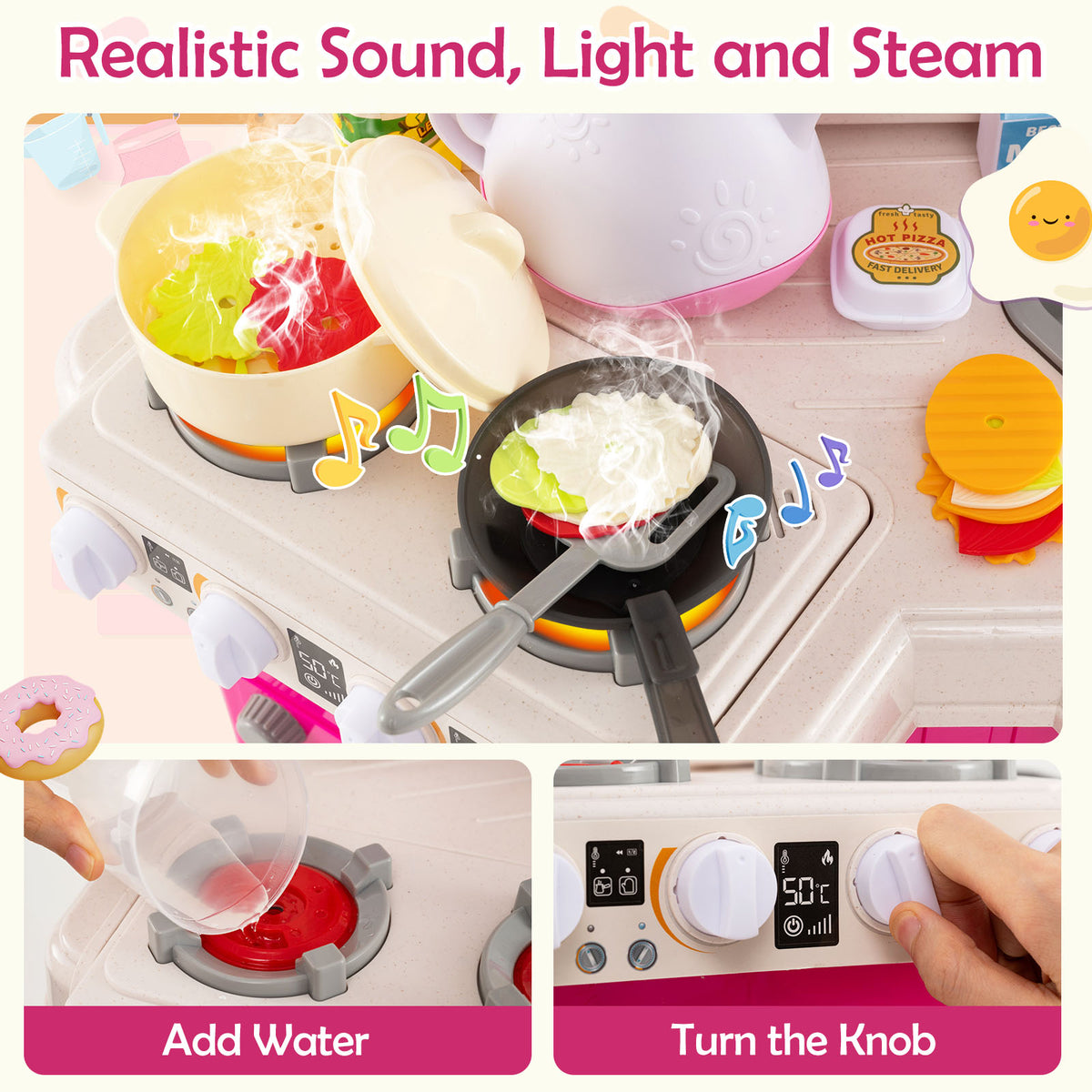 Close up of the play kitchen's hob showing realistic sound and light features