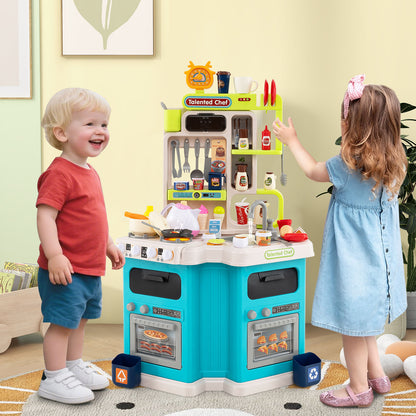 The play kitchen set being used by two young children in a bright playroom setting