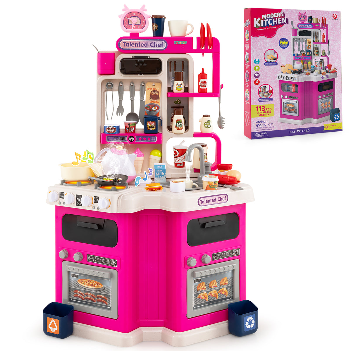 The pink corner play kitchen set with its packaging box