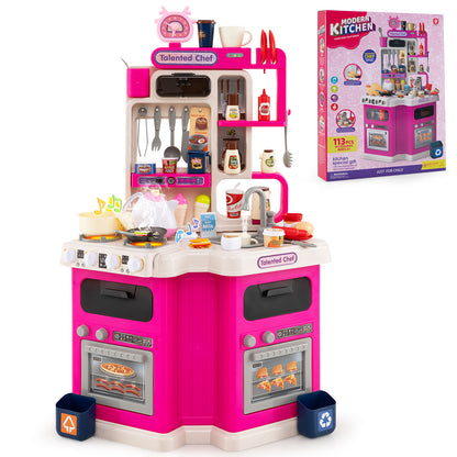 The pink corner play kitchen set with its packaging box