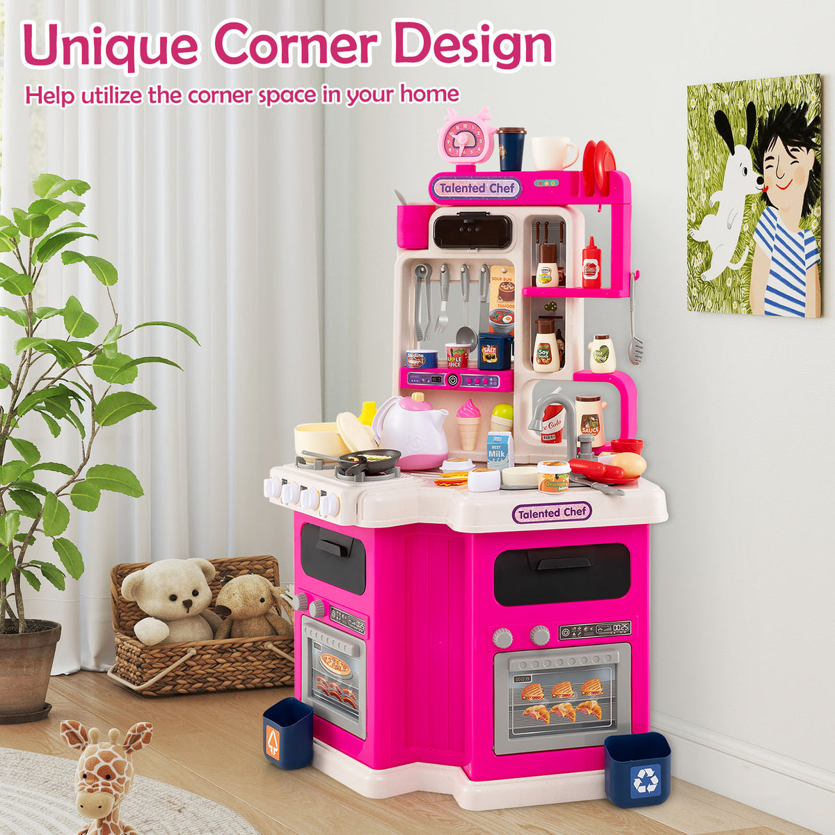 The pink corner play kitchen set in a child's bedroom setting