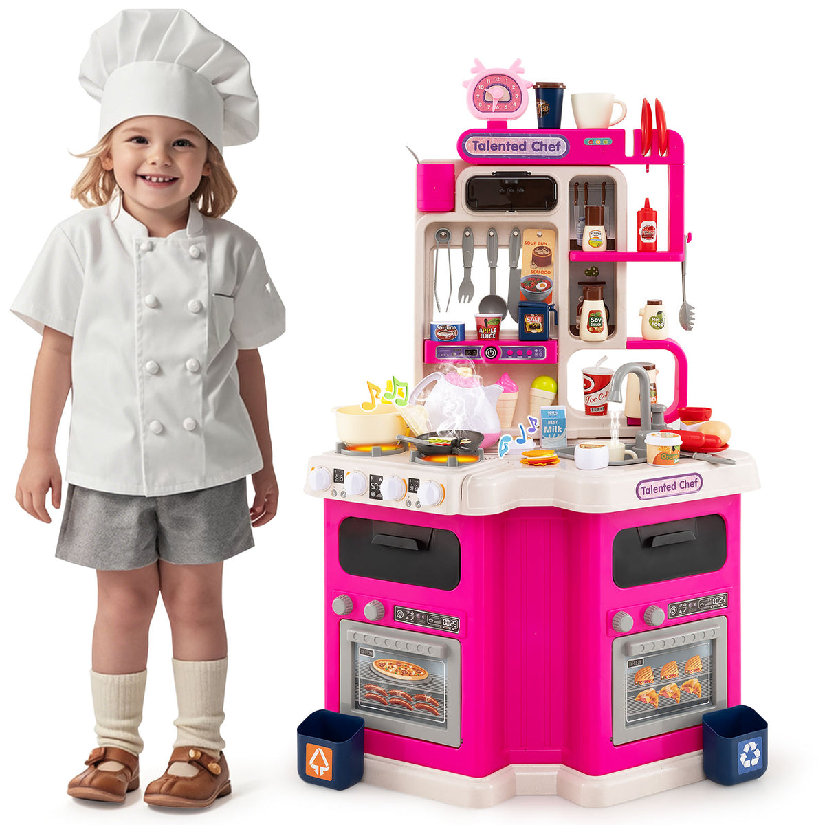 Kids Kitchen Playset Corner Play Kitchen with a child chef standing next to it