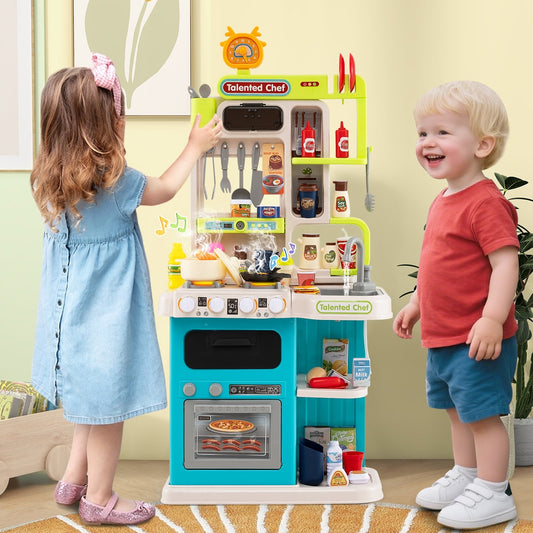Two children playing with the blue play kitchen set, one is reaching for the sink
