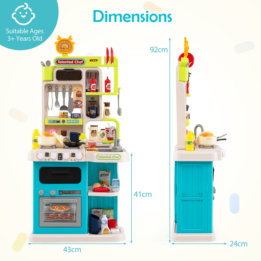 Side and front views of the blue play kitchen set with dimensions shown