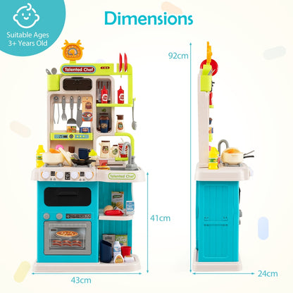 Side and front views of the blue play kitchen set with dimensions shown