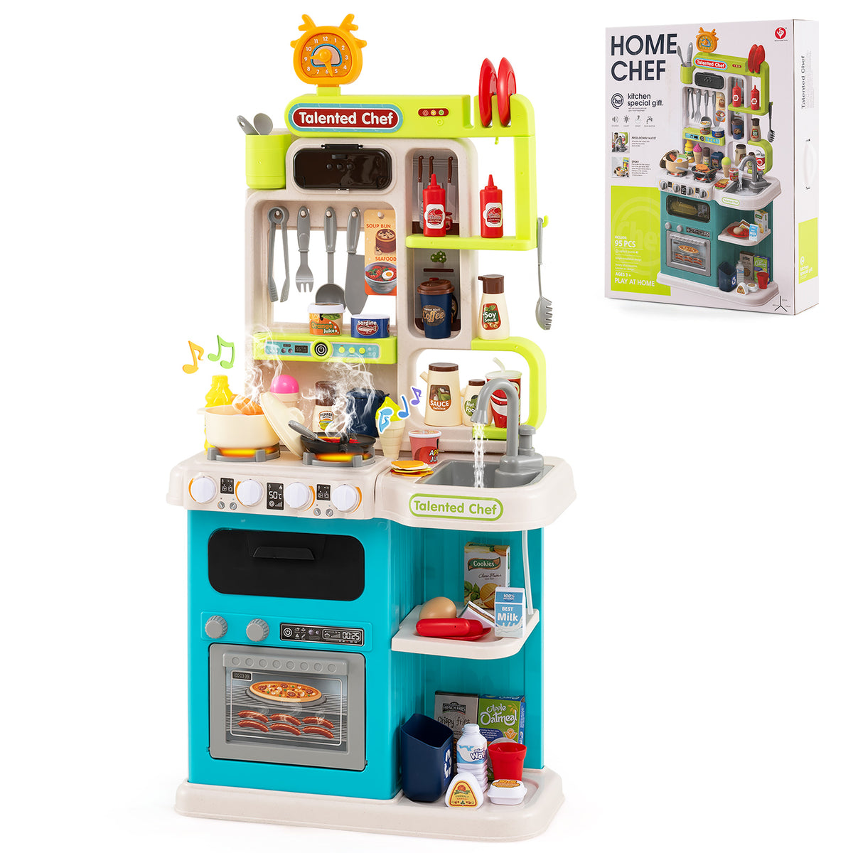 Blue play kitchen set with packaging in the background