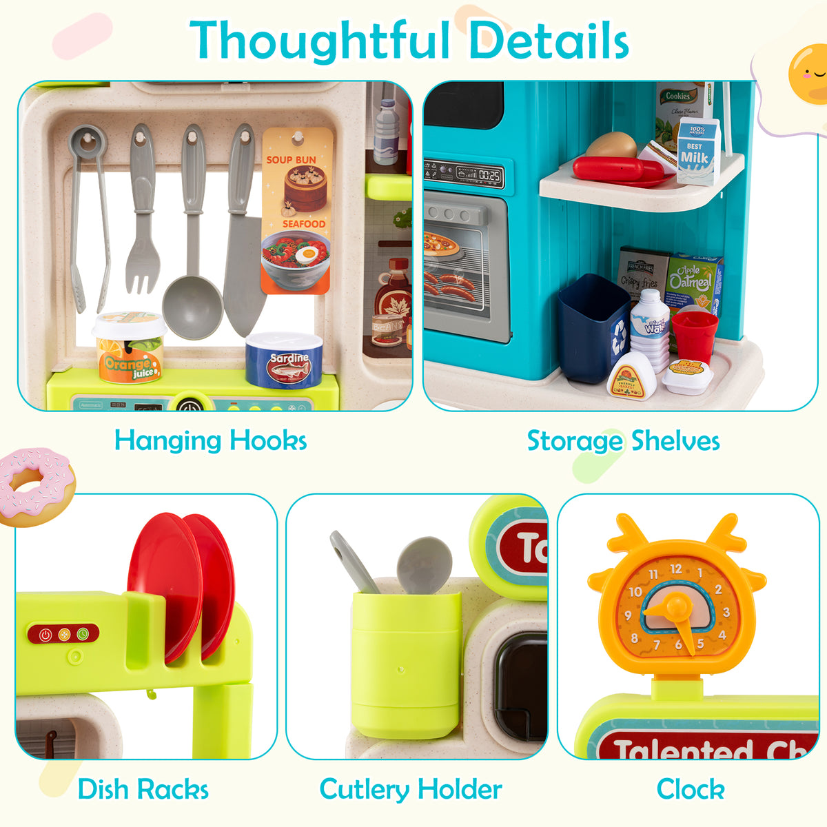 Close-up details of the play kitchen including hanging hooks and storage shelves