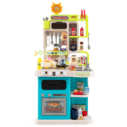 Front view of the blue play kitchen set with accessories