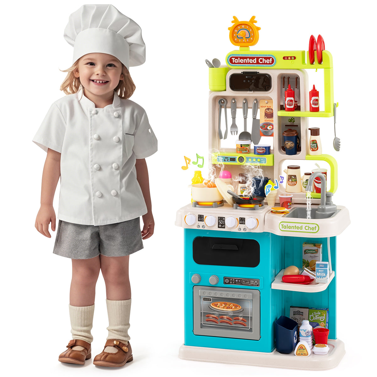 Kids Kitchen Playset Pretend Play Kitchen with a child wearing a chef's hat standing next to it