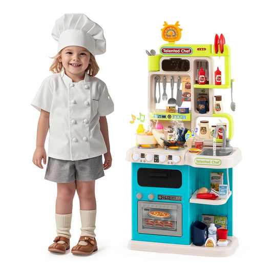 Kids Kitchen Playset Pretend Play Kitchen with a child wearing a chef's hat standing next to it