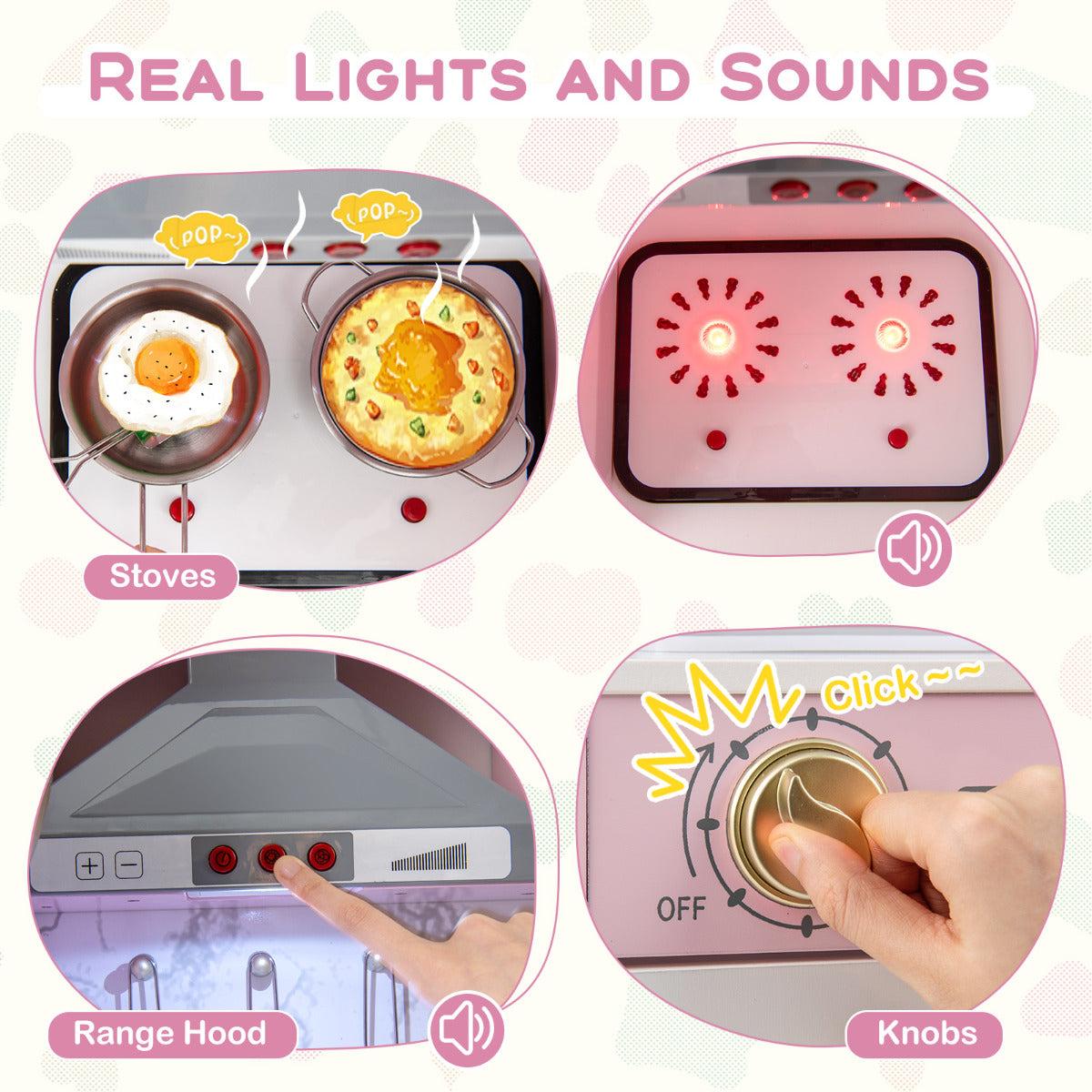 Close up of the play kitchen features including lights and sounds