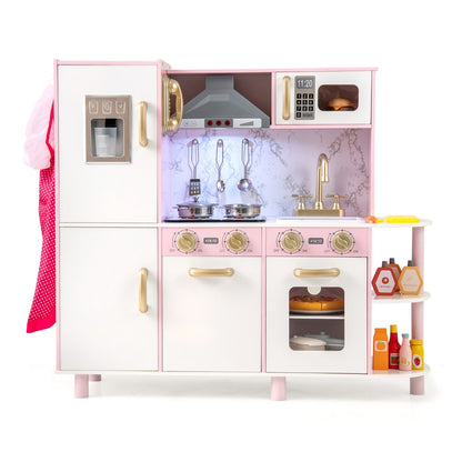 Kids Kitchen Playset Pretend Wooden Play Kitchen with apron in pink