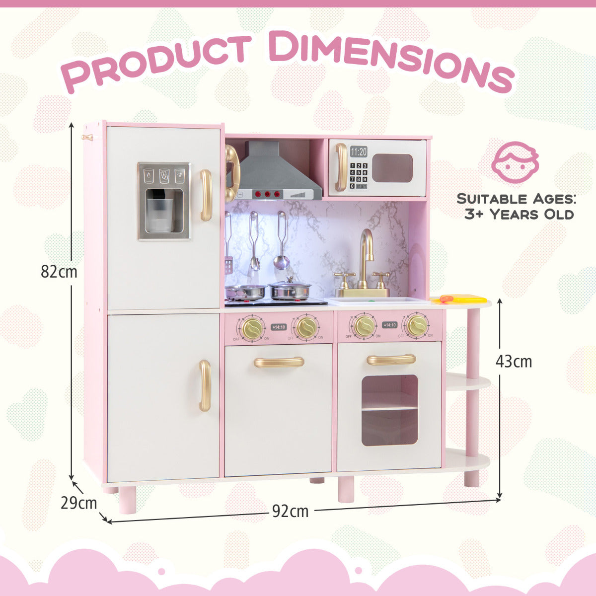 Product dimensions diagram for the pink wooden play kitchen set