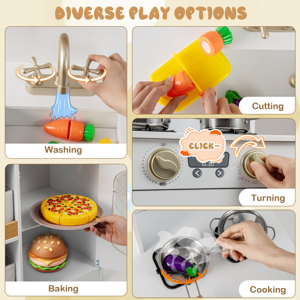 The white play kitchen showing hands interacting with toy food and cooking equipment