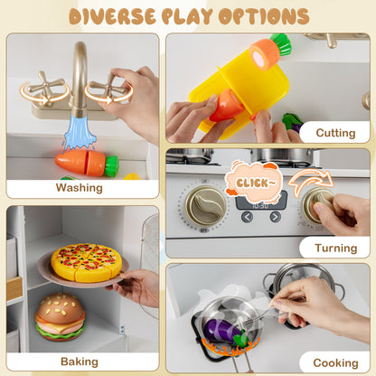The white play kitchen showing hands interacting with toy food and cooking equipment