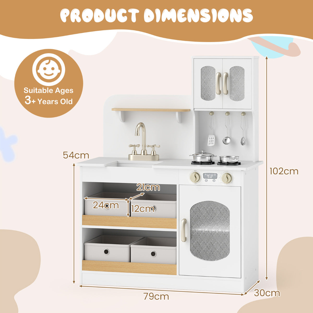 The white play kitchen with arrows showing its height width and depth dimensions