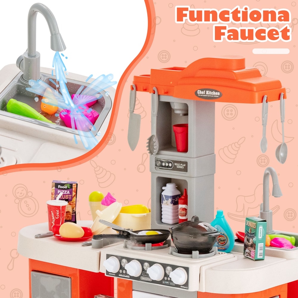 Close up of the functional faucet on the orange play kitchen set