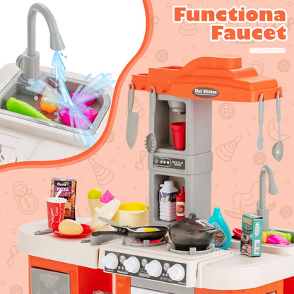 Close up of the functional faucet on the orange play kitchen set