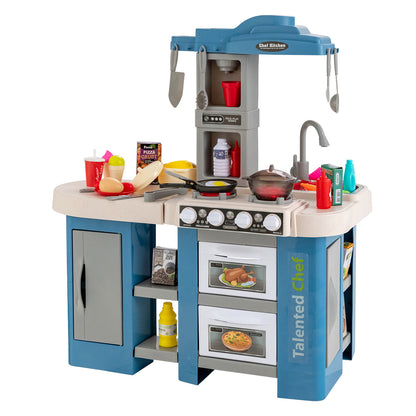 Kids Kitchen Playset featuring a blue stove, oven, sink and various toy food accessories