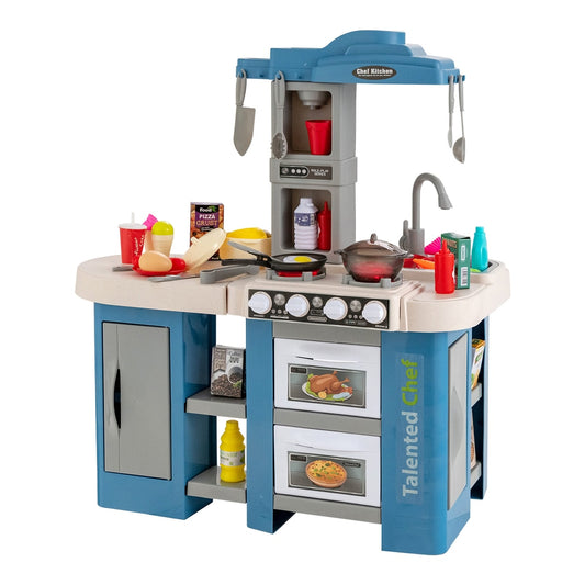 Kids Kitchen Playset featuring a blue stove, oven, sink and various toy food accessories