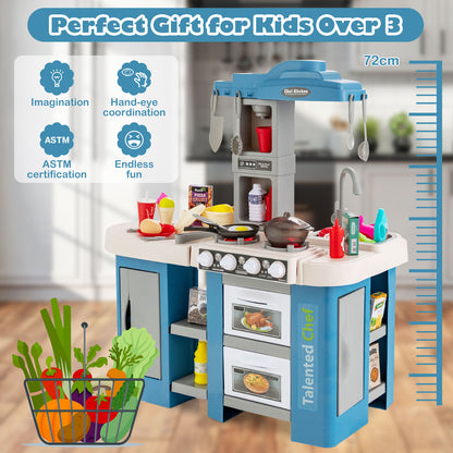 The blue kids kitchen playset with realistic lights and 67 accessories including food and utensils