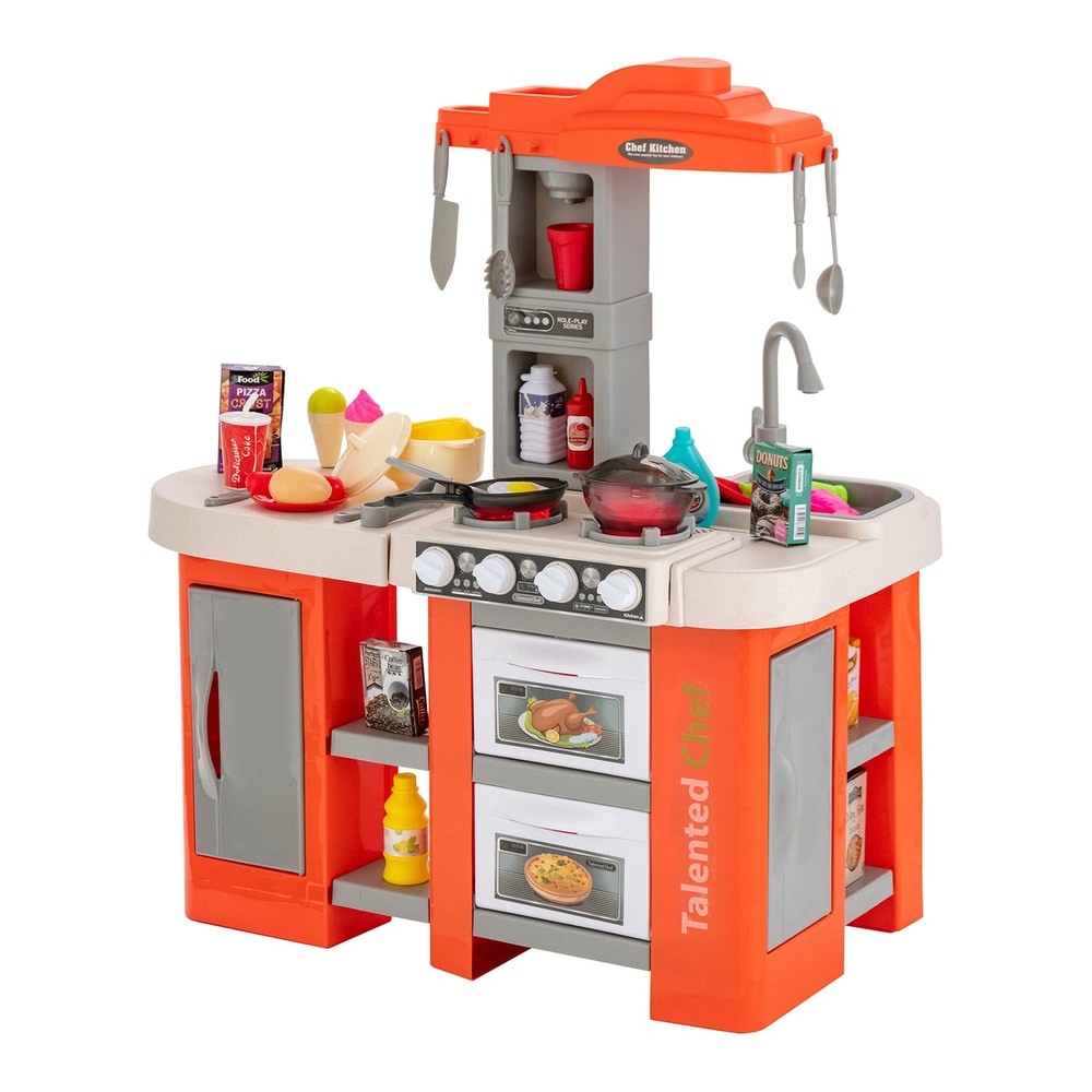 Kids Kitchen Playset with 67 pieces accessories and realistic lights in orange