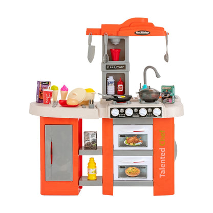Orange play kitchen set with accessories and realistic lights