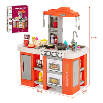 The orange kids kitchen playset with 67 accessories and realistic lights, showing dimensions