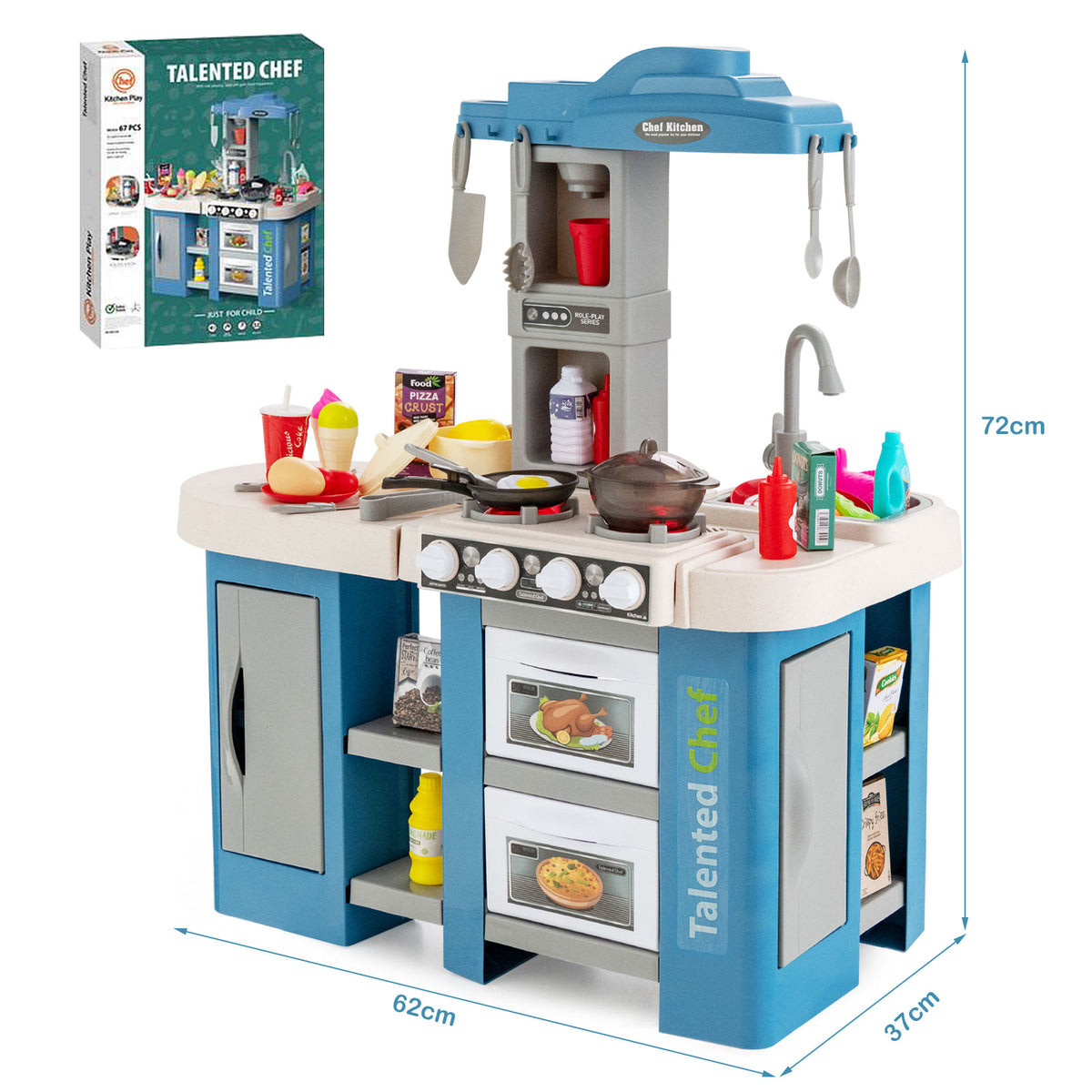 The play kitchen set displayed with its product box and height and width dimensions