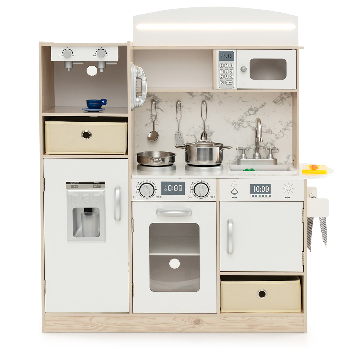 A close-up of the play kitchen set showing the oven and microwave