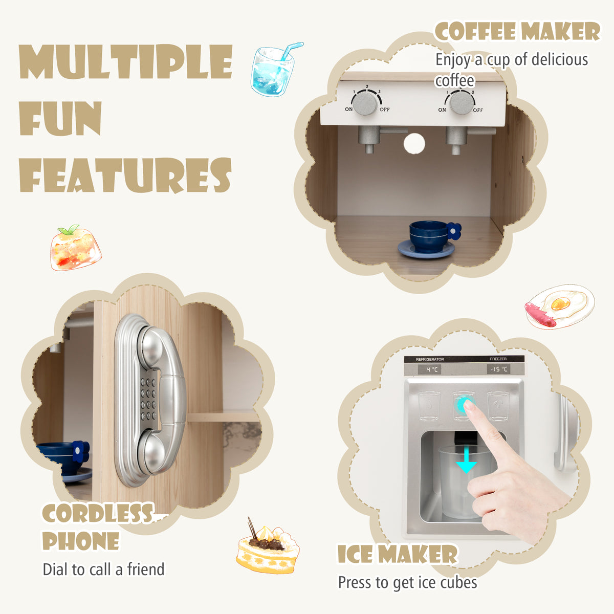 The play kitchen set features a coffee maker and ice maker