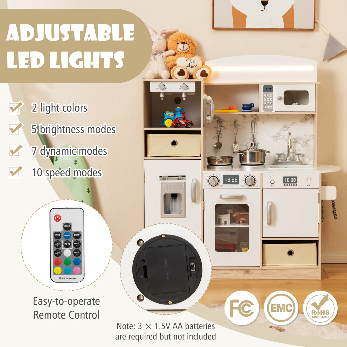 The play kitchen set with remote control for adjustable LED lights