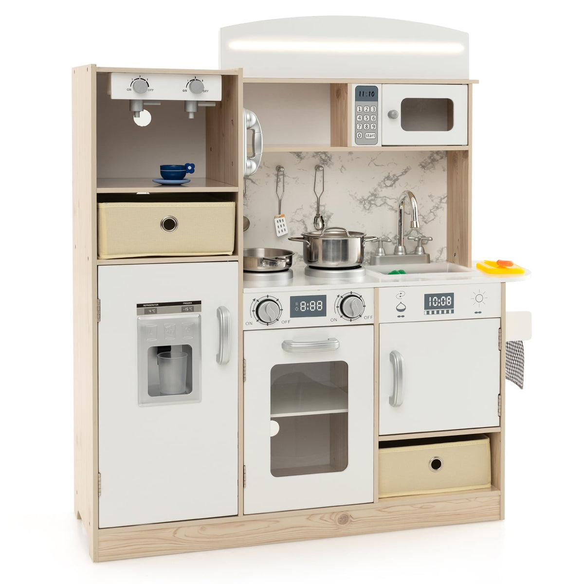 Kids Kitchen Playset with adjustable LED lights and removable shelves in white
