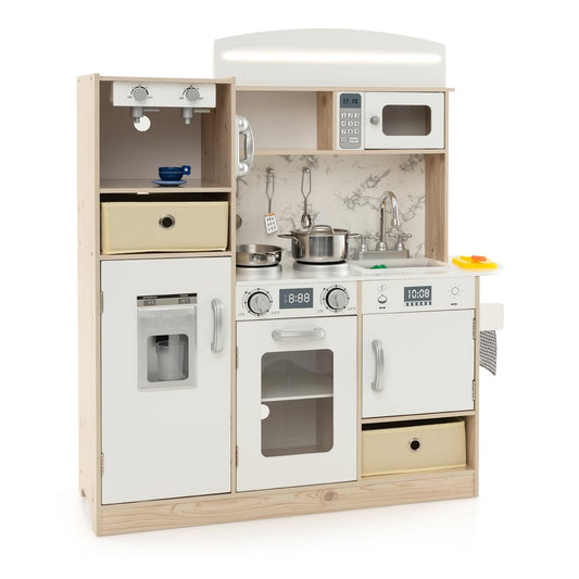 Kids Kitchen Playset with adjustable LED lights and removable shelves in white
